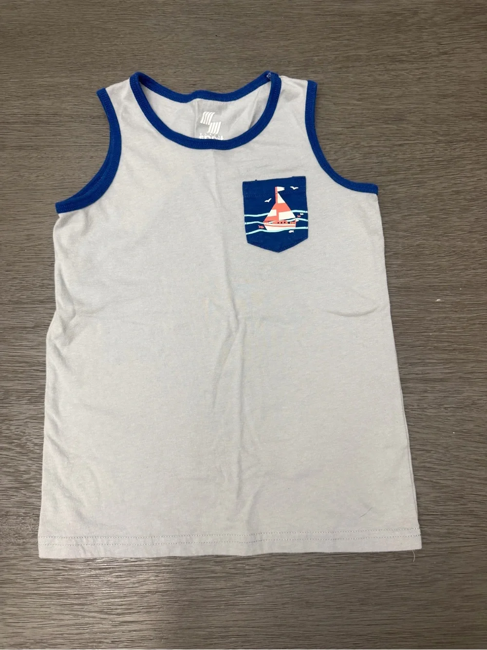 The Children's Place White Tank Top with Blue Trim and Sailboat Pocket